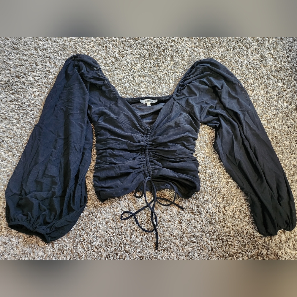 Miss Lola Black Puff Sleeve Ruched Blouse